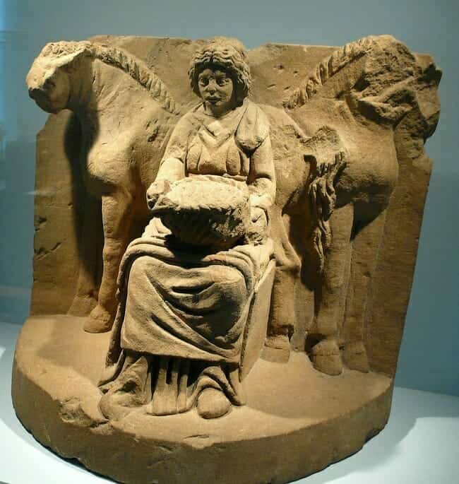 Celtic goddess Epona, flanked by two horses