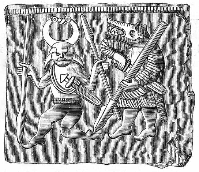 Engraving of a Norse berserker in bear fur about to decapitate his enemy.