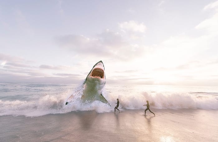 Great white breaching on coast, fantasy
