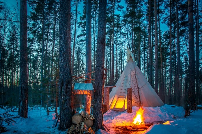 Native American teepee in wintertime.