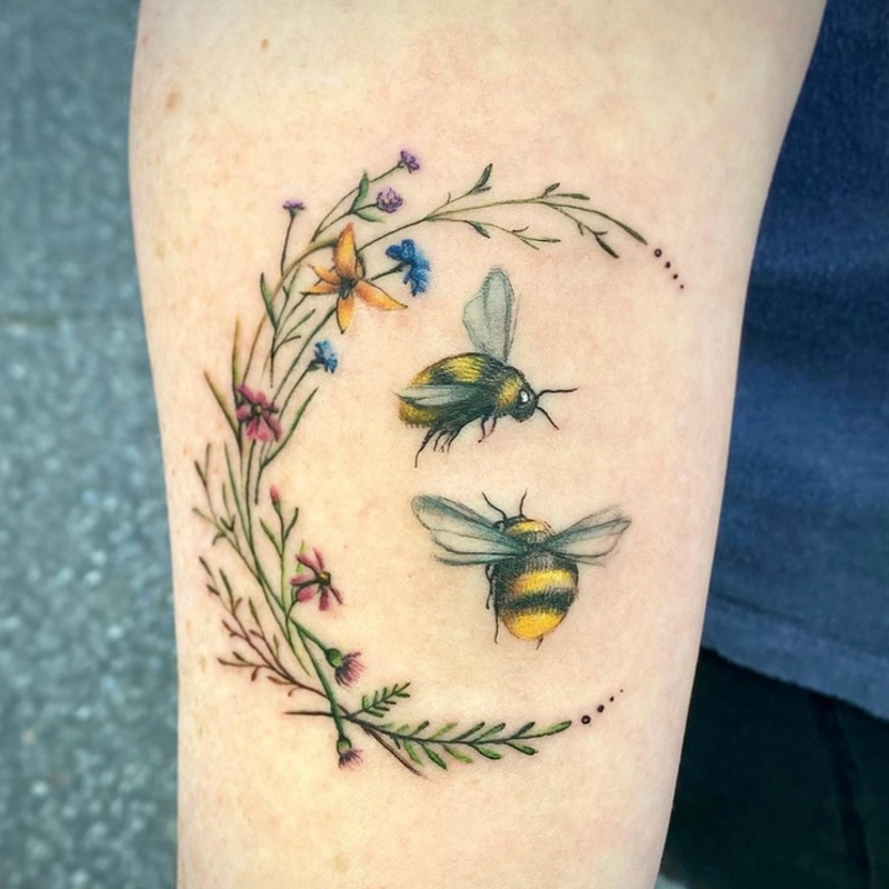 Bee Tattoo with Flower Wreath