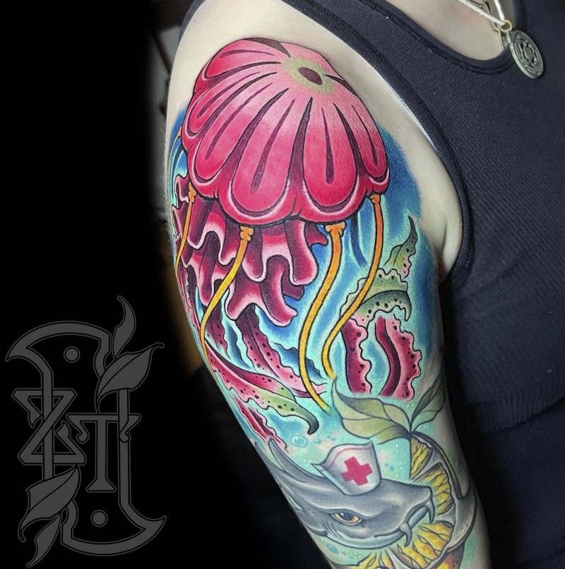 Finished Watercolor Jellyfish! Done by Lily at Atomic Tattoo in Austin : r/ tattoos