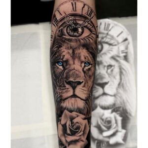 Lion Tattoo with Rose on Arm