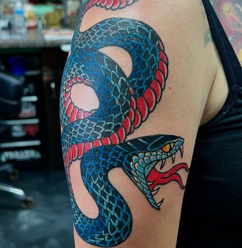 Blue and Red Snake Tattoo, Upper Arm