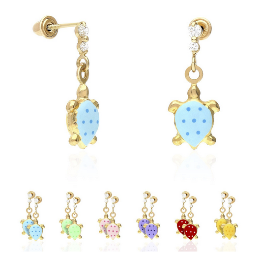 Sea Turtle Drop Earrings: 14K Gold with Little Simulated Diamonds