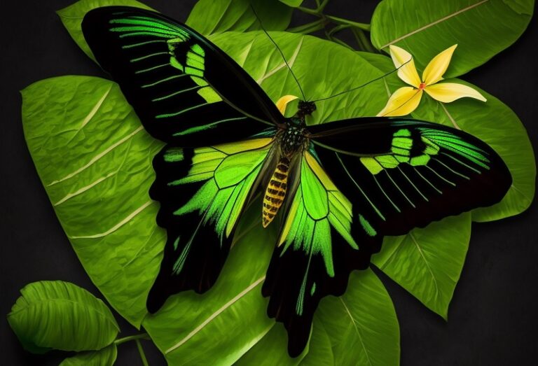 Green Butterfly on Leaf with Yellow Flower