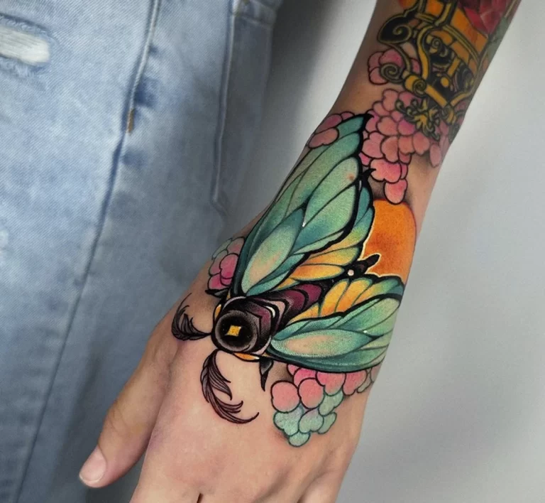 Moth Tattoo on Forearm and Hand