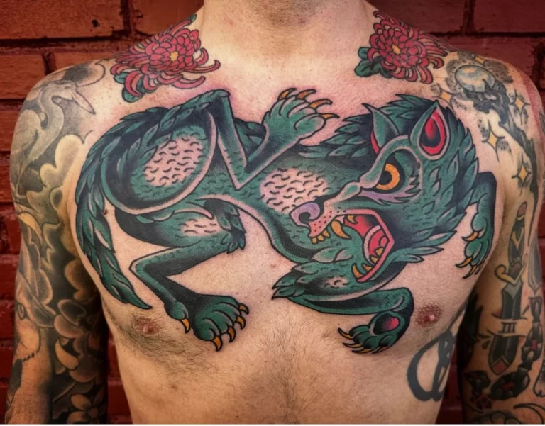 Colorful Wolf Tattoo on Man's Chest