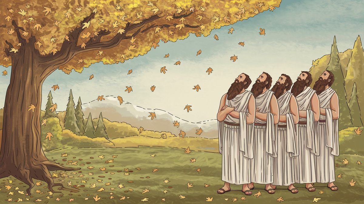 Ancient Greek Priests Studying Oak Leaves