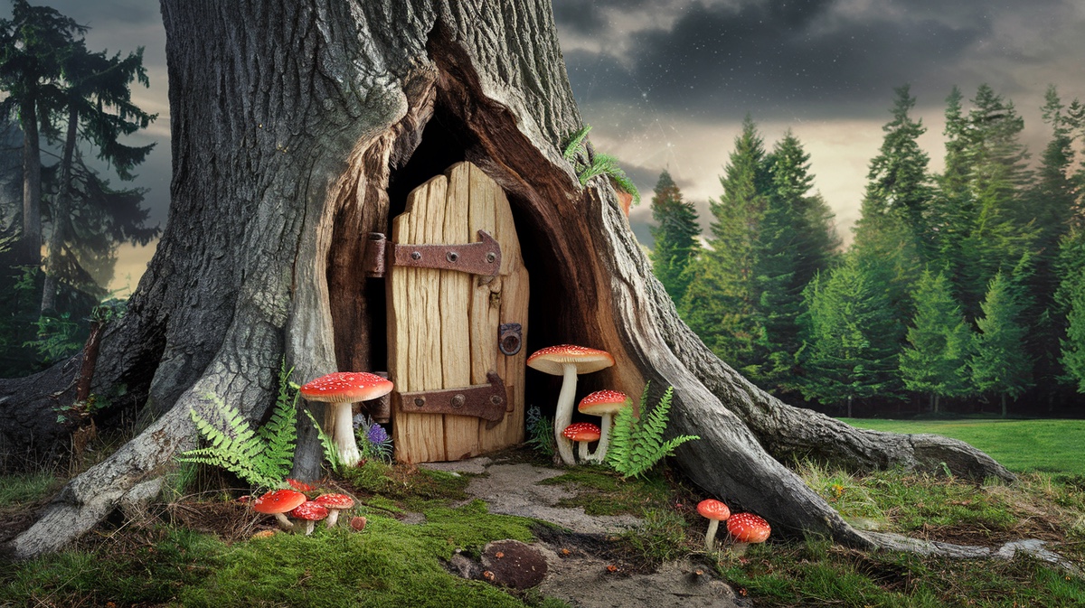 Enchanted Oak Tree with Fairy Door and Mushroomsa