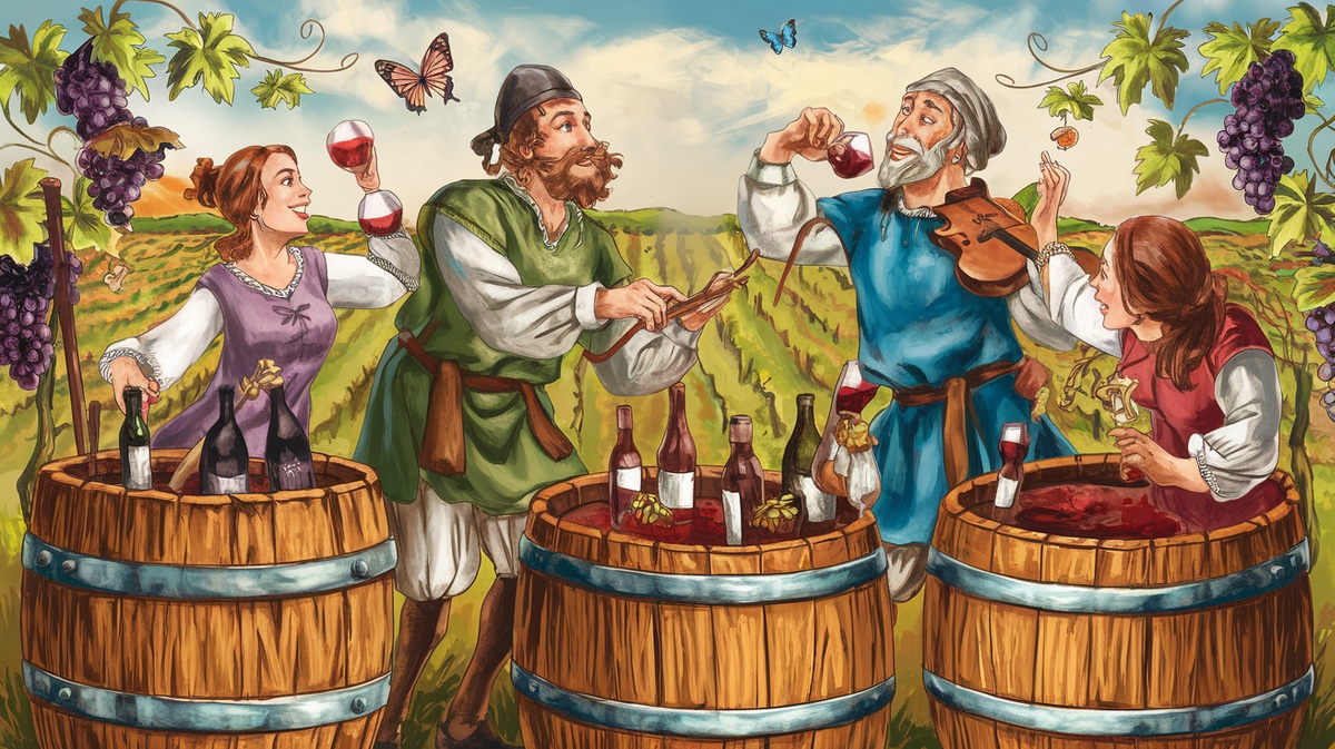 Cartoon Making Wine with Oak Wine Barrels