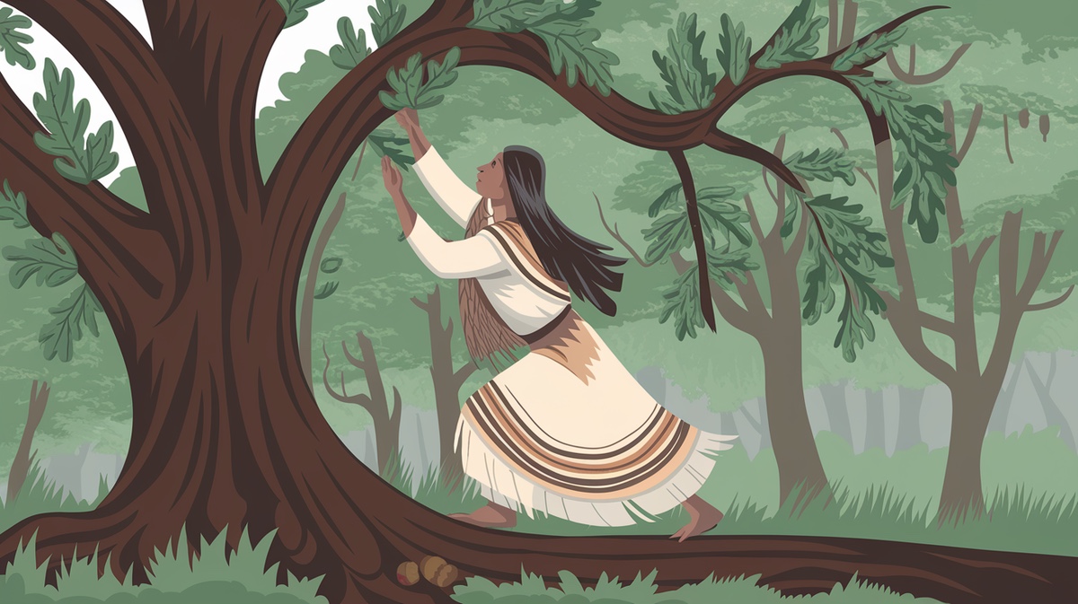 Illustration of a Sioux Woman in an Oak Tree Forest
