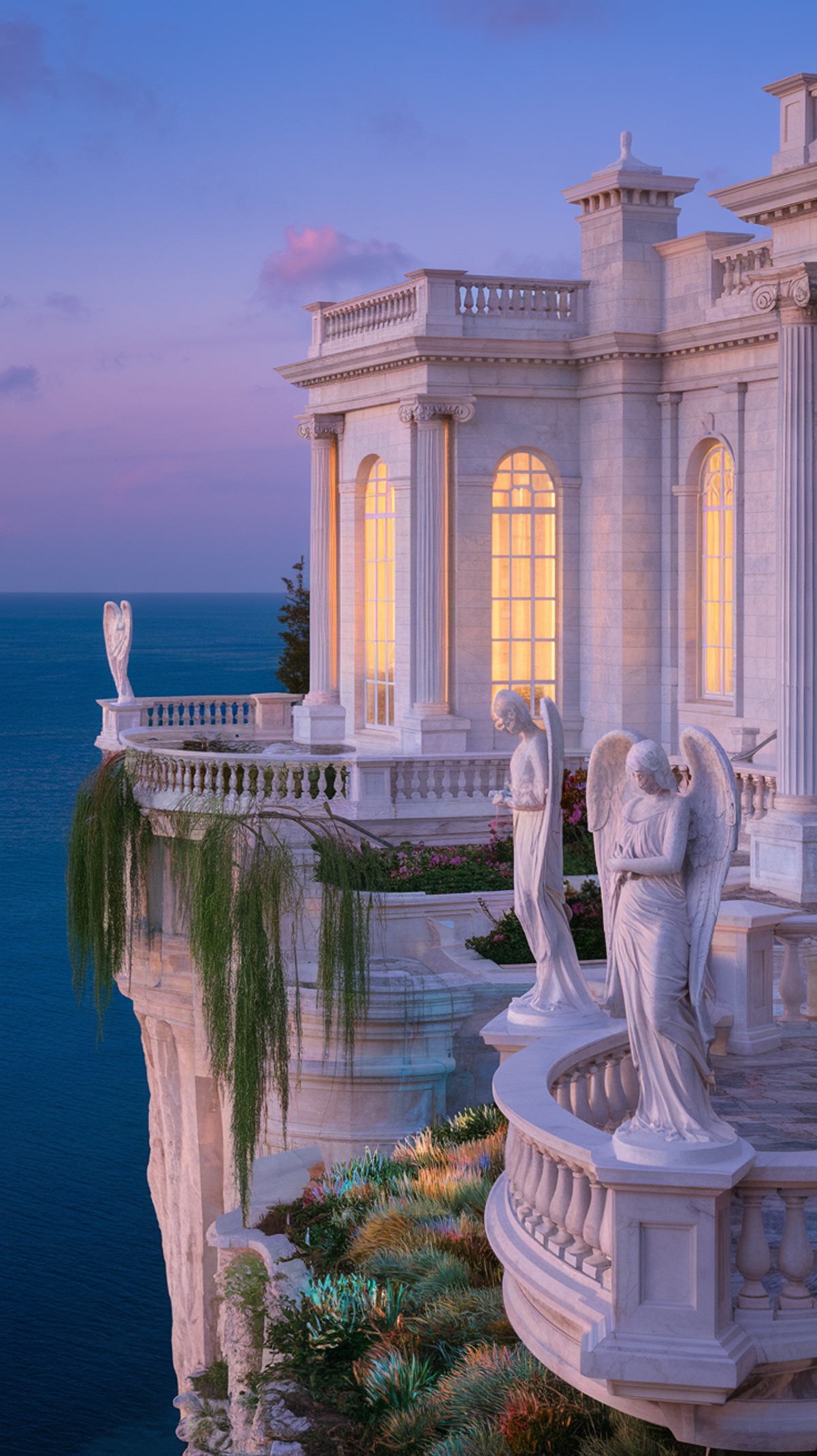 Sicilian White Marble Palazzo with Angel Statues
