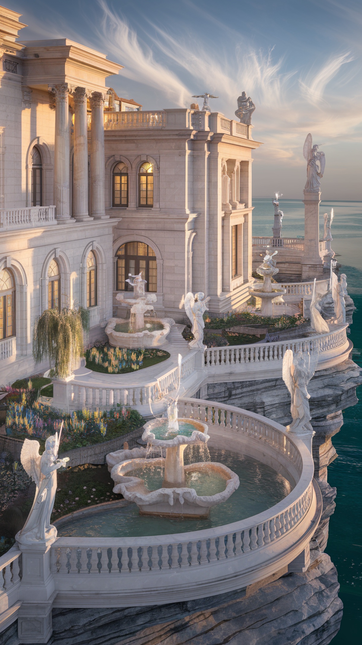 Amalfi Coast White Mansion with Angels and Round Balconies