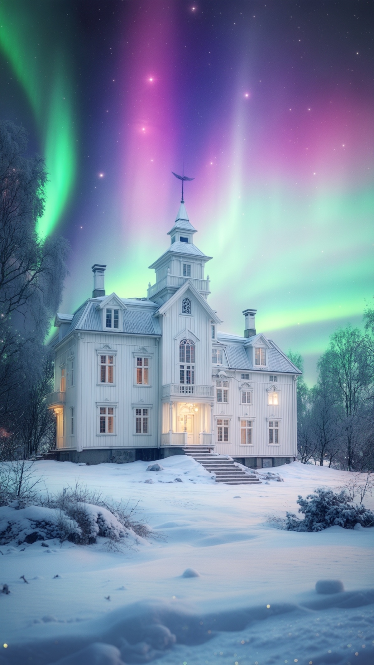 Norwegian Church Style Mansion with Northern Lights