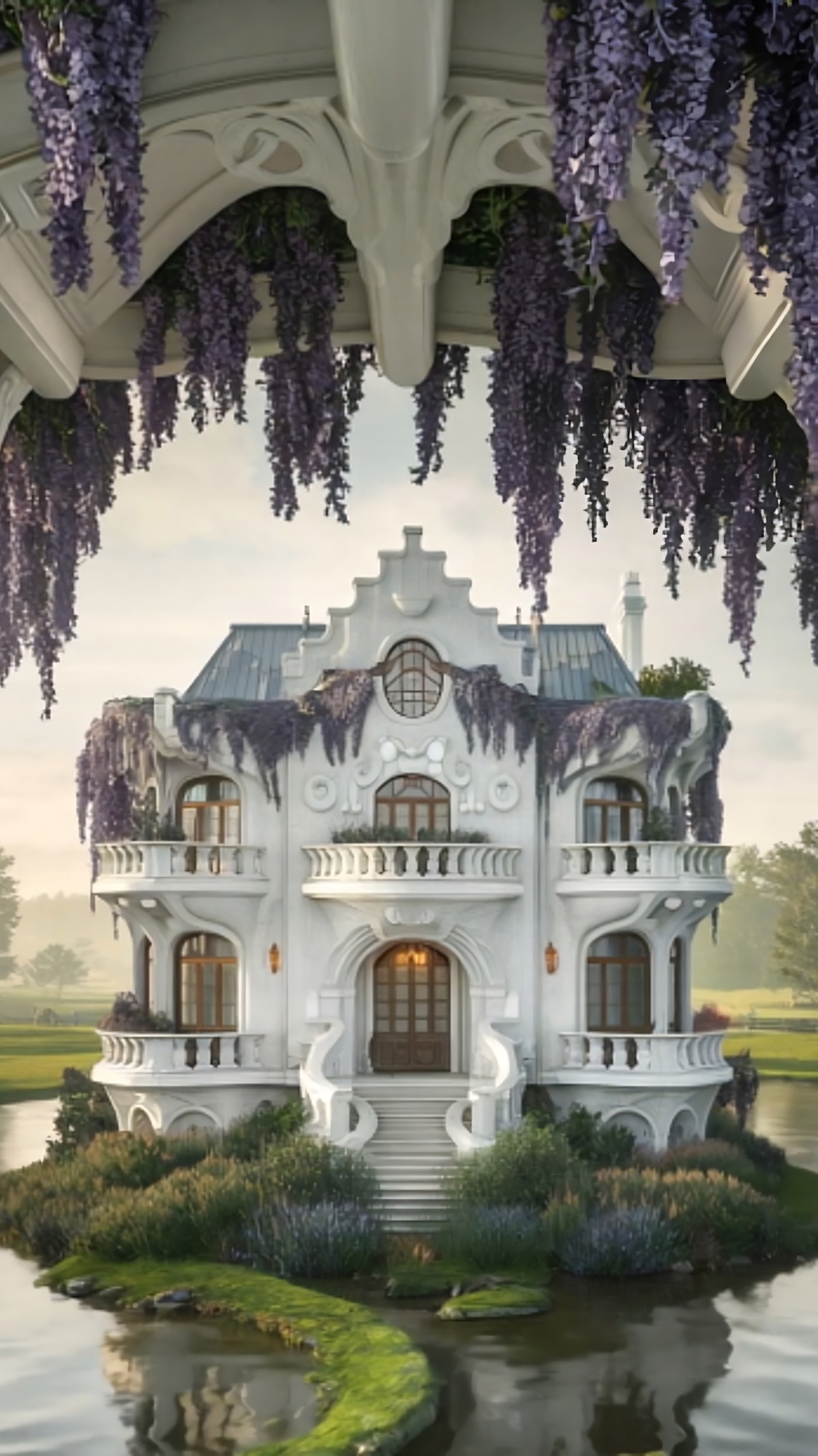 White Gaudi Fantasy Mansion with Wisteria