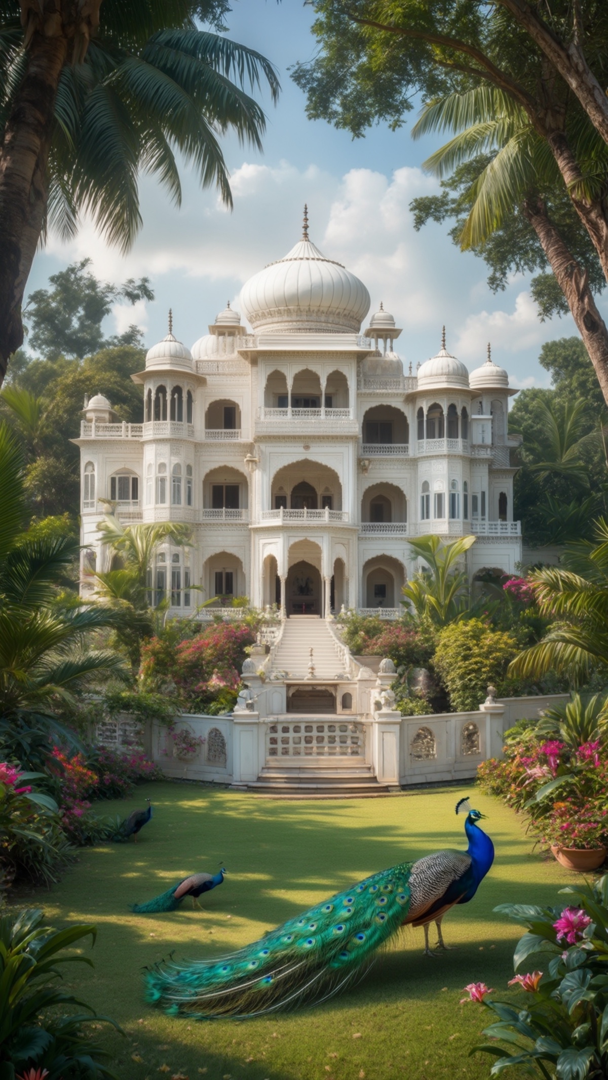 White Taj Mahal Palace with Peacocks