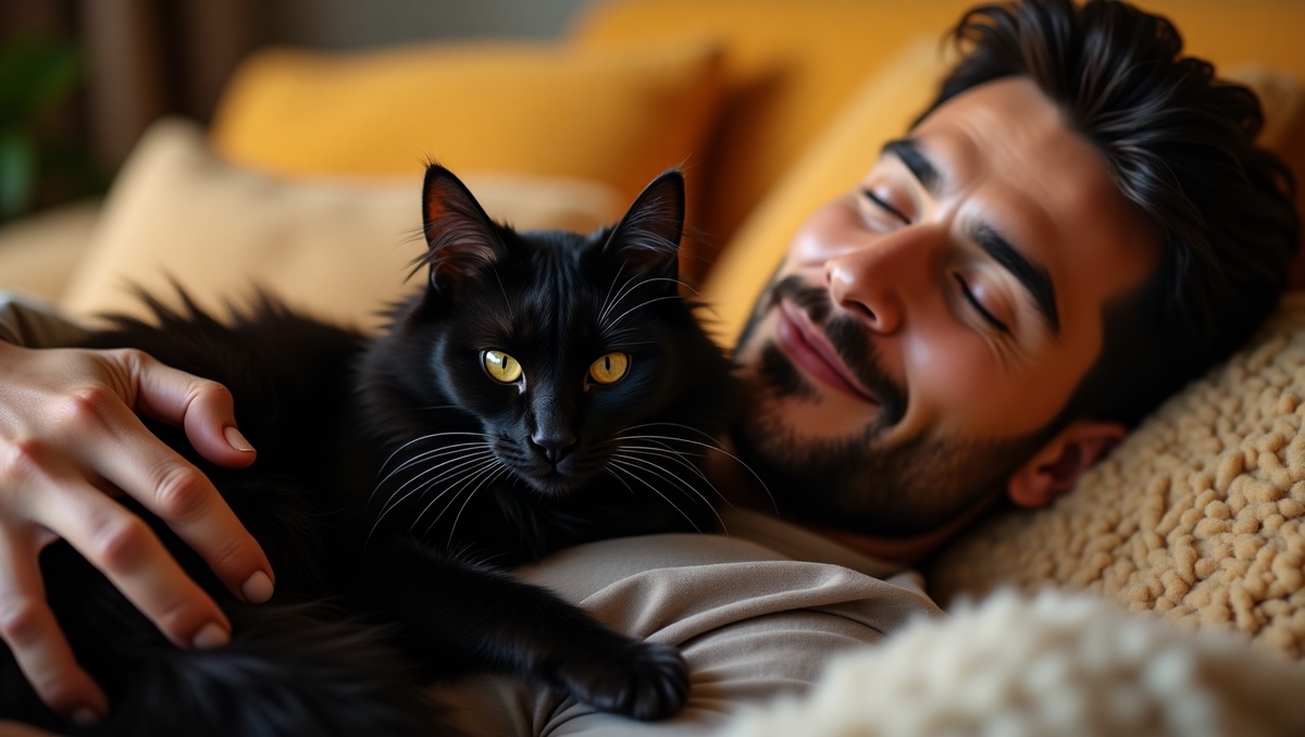 Man Cuddling His Black Cat
