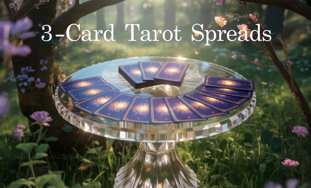Three-Card Tarot Spread on Crystal Table in Magical Forest