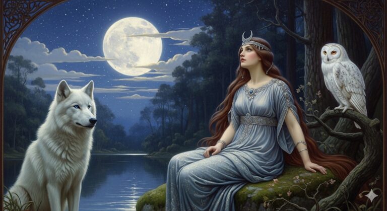 Moon Goddess with White Wolf and Owl
